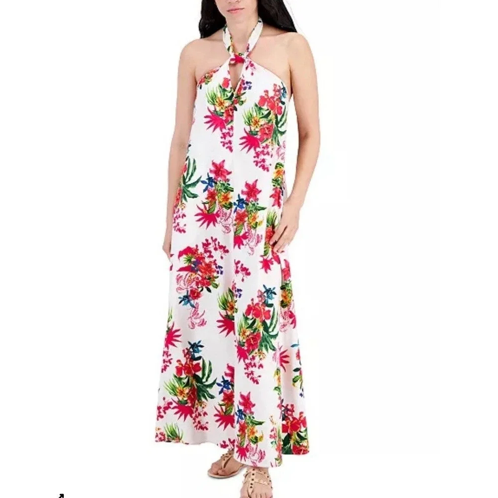 INC International Concepts Dress Linen Bouquet Floral Halter Tie‎ Maxi PS Resort